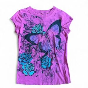 Vtg Y2K Butterfly Roses Fairy Grunge Alt Rhinestone Embellished Baby Tee Shirt